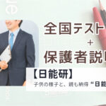 日能研全国テスト当日の体験記アイキャッチ。説明会で話す笑顔の講師と、それを聴く保護者の後ろ姿、ノートとペンの背景。中央に「全国テスト当日＋保護者説明会」、下部に「子供の様子と、親も納得“日能研の教え方”」のタイトル文字。