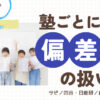 中学受験ブログのアイキャッチ画像。テスト結果を持つ笑顔の子供たちの写真に「中学受験の常識が難しい！！塾ごとに違う偏差値の扱い サピ／四谷・日能研／首都圏模試…」というタイトル文字が添えられている。