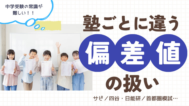 中学受験ブログのアイキャッチ画像。テスト結果を持つ笑顔の子供たちの写真に「中学受験の常識が難しい！！塾ごとに違う偏差値の扱い サピ／四谷・日能研／首都圏模試…」というタイトル文字が添えられている。