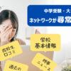 パソコンの前で頭を抱える母親と、その周りに浮かぶ「学校基本情報」「在校生口コミ」「時事ニュース」などの吹き出し。中学受験塾の圧倒的な情報量と家庭学習の限界を表現したアイキャッチ画像。