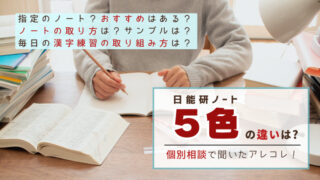 日能研の個別相談で聞いたノート事情のまとめ画像。日能研ノート5色の違い（8mm・5mm方眼）や、漢字練習の取り組み方、公式冊子「学力が伸びる ノートの作り方」について。机に向かう子供のイメージ。
