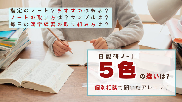 日能研の個別相談で聞いたノート事情のまとめ画像。日能研ノート5色の違い（8mm・5mm方眼）や、漢字練習の取り組み方、公式冊子「学力が伸びる ノートの作り方」について。机に向かう子供のイメージ。