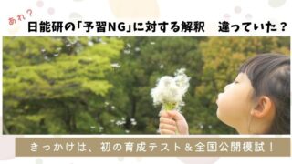 たんぽぽの綿毛を吹く子供の写真。上部に「日能研の『予習NG』に対する解釈 違ってた？」、下部の帯に「きっかけは、初の育成テスト＆全国公開模試！」という文字が入ったブログ用アイキャッチ画像。